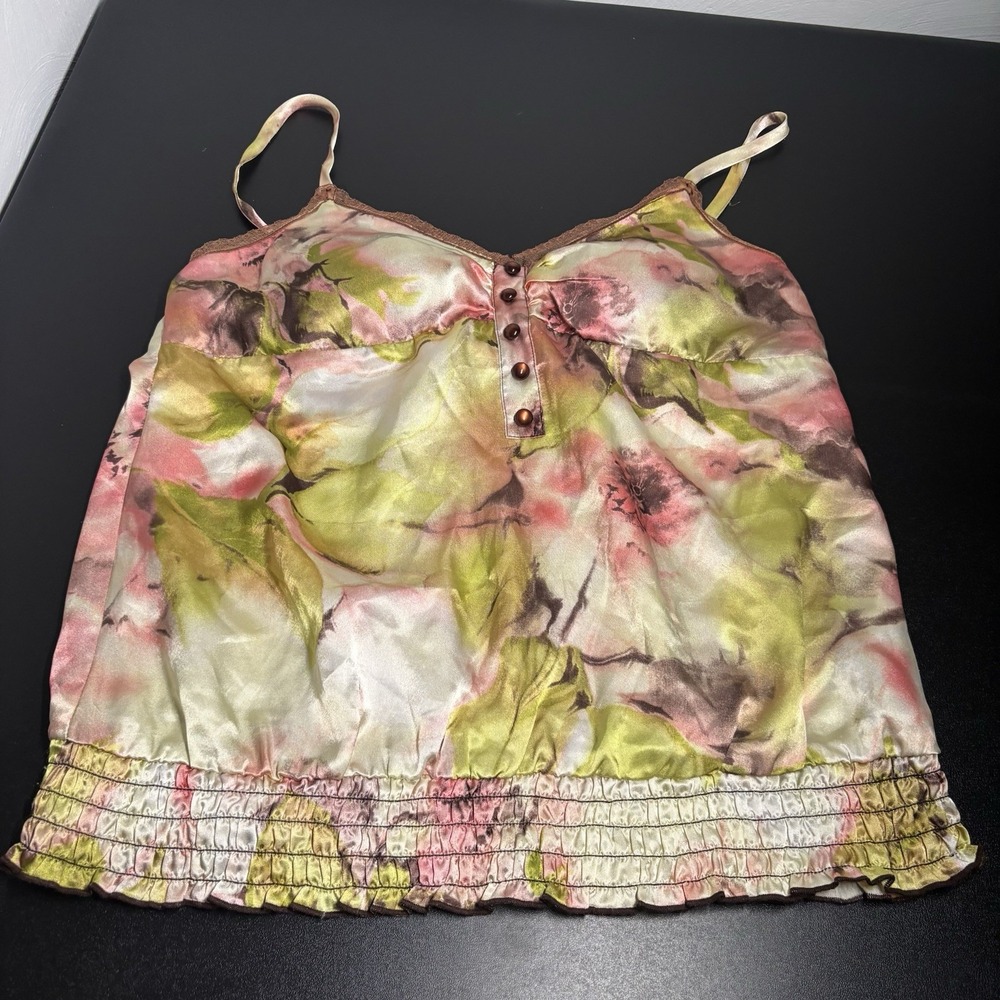 Y2K Floral Silky Tank Top Multicolor‎ Womens Teen Size Large Ruffle Straps Flowy